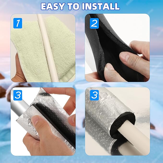 6 Pack Pipe Insulation Foam Tube, 3/4'' Self-Adhesive Pre Slit Foam Pipe Covers Polyethylene with Aluminum Foil for Spigot, Winter Outside Pipes, Water Heater Pipes Freeze Protection