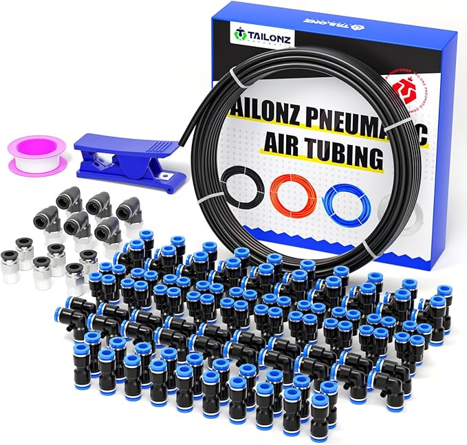 TAILONZ PNEUMATIC Black DOT 1/4'OD 15 Meter 49.2ft Nylon Air Tubing Kit Pipe Hose Air Line Tubing Air Hose Fittings Push to Connect Fittings(95PCS)