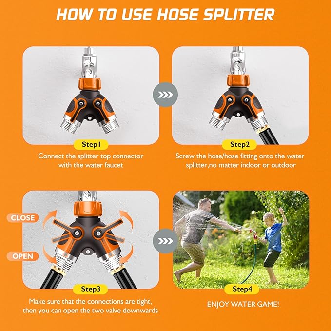 2 Way Garden Hose Splitter with Shut Off Valve,Water Spigot Splitter for 3/4" Hose Connector,Heavy Duty Metal Outdoor Faucet Splitter Y Connector with 3 Leakproof Washers & 1 tape-Orange