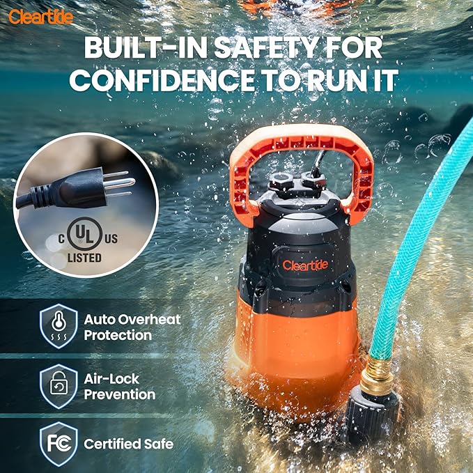 Cleartide Submersible Sump Pump, 1/4 HP Utility Water Pump for Pool Draining, Hot Tub, Basement,100% Copper Motor, Electric Drain Pump Handles 1/8" Solids, 10 FT Cord