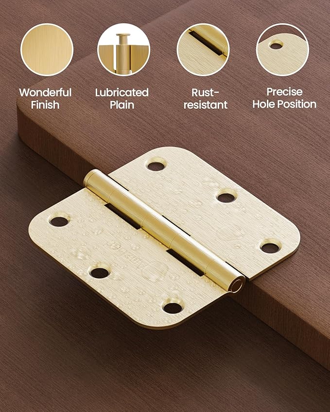 Gold Door Hinges - 24 Pack 3.5 Inch Rounded with 5/8" Radius Satin Brass Door Hinges for Interior and Exterior Doors - Heavy Duty 3 1/2" Brushed Gold Residential Door Hardware