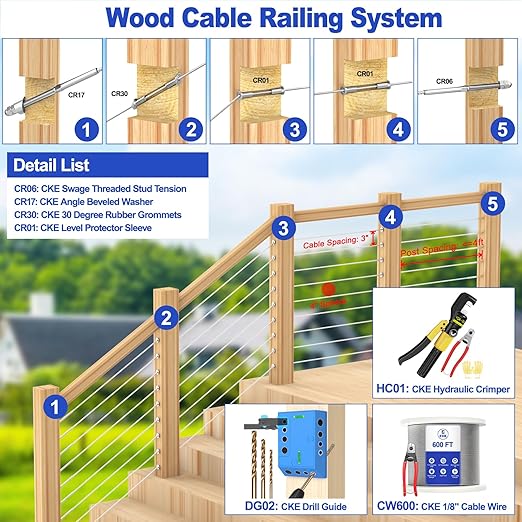 CKE 50 Pack Cable Railing Kit, 4x4 Swage Threaded Stud Tension End Fitting Terminal for 1/8" Cable Deck Railing, T316 Stainless Steel Cable Railing Hardware Tensioner for 4x4, 2x2 Wood Metal Post CR06