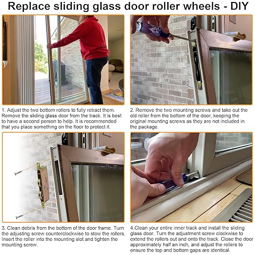 Sliding Patio Glass Door Tandem Rollers Replacement, 1-1/4" Steel Ball Bearing Wheels, 5-3/4" Screw Hole Centers, Features End Adjustment, 2 Pack