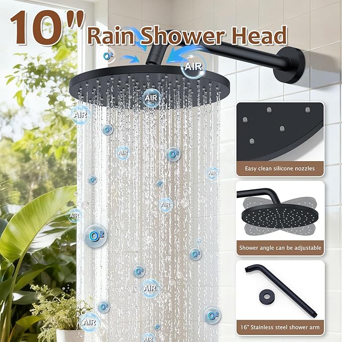 Iriber Mattle Black Round Rain Shower System Faucet Set，Filtered Shower Head with Handheld, Modern Bathroom 9 Spray Mode Showerhead with Filters,Shower Valve Trim Kit Contain Cartridge,10 Inch