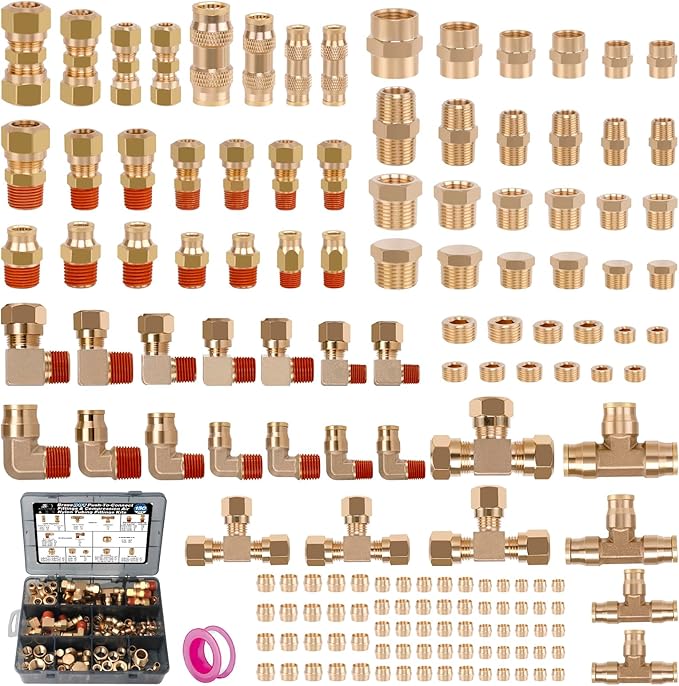 150Pcs Brass DOT Push-To-Connect Fittings & Compression Air Nylon Tubing Fittings Assortment Kits,1/4" 1/8" 3/8" 1/2" Air Brake Line Air Hose Fittings for Truck or Industrial Air System