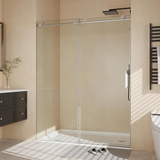 Frameless Sliding Shower Door - 56 to 60 Inch Adjustable Width x 76 Inch Height, 8mm Tempered Glass with Soft Close & Easy-Clean Coating, Stainless Steel Round Rail & 55 Rollers, Brushed Nickel Finish