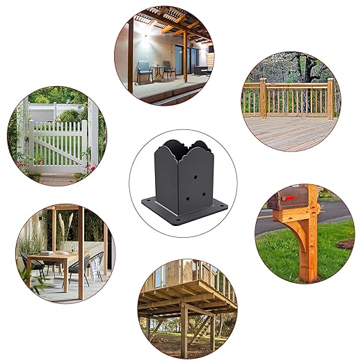 4x4 Post Base(４-Pack), Heavy-Duty Post Bracket (3.6 x 3.6 Inch Inner Size), Decorative Powder-Coated Wood Post Anchors for Pergolas, Fences, Decks, Come with Wood Screws and Concrete Anchors