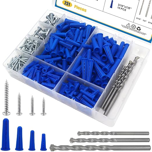 Conical Concrete Wall Anchors and Screws Assortment Kit, 228 Pcs Masonry Anchors with 3PCs Drill Bit,114 Brick Wall Anchors and 114 Self Tapping Screws, Blue