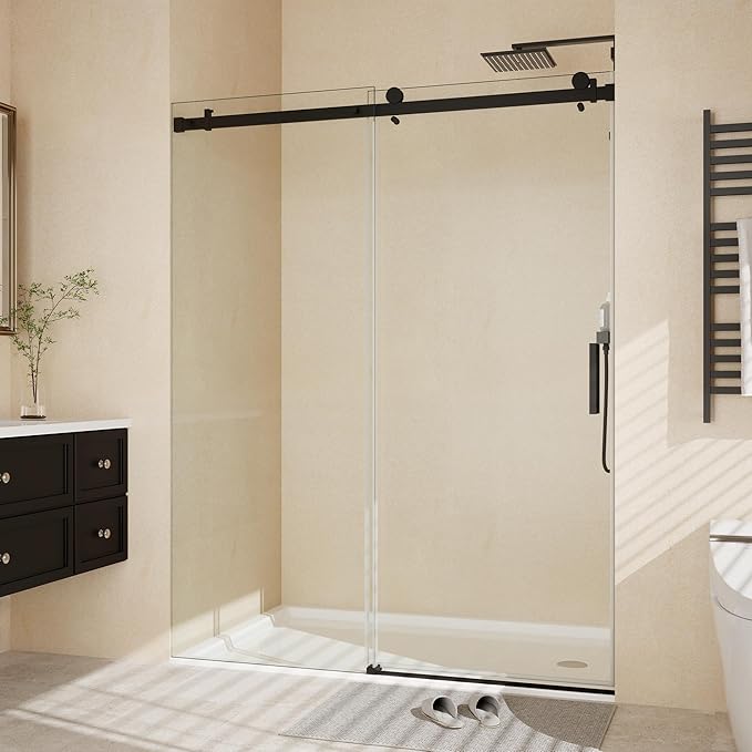 Frameless Sliding Shower Door Enclosure - 56 to 60 Inch Adjustable Width x 76Inch Height, 8mm Coated Tempered Safety Glass with Easy Clean, Square Stainless Steel Rail, Matte Black for Modern Bathroom