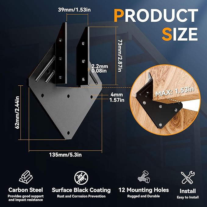 20pcs Black Hurricane Ties for Rafter 13-Gauge Hurricane Straps Fit 2x4, Heavy Duty Rafter Ties Brackets for Roofing Trusses Wood Timber, Joist Hangers Truss Rafter, Hot Dip Galvanized Powder Coating