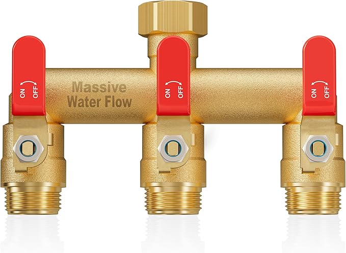 3 Way Hose Splitter, Heavy Duty Full Flow Garden Water Hose Bib Spigot Splitter, Brass Rust and Freeze Resistant Outdoor Faucet Splitter, T Adapter Connector with 3/4 - Inch GHT Thread （Red）