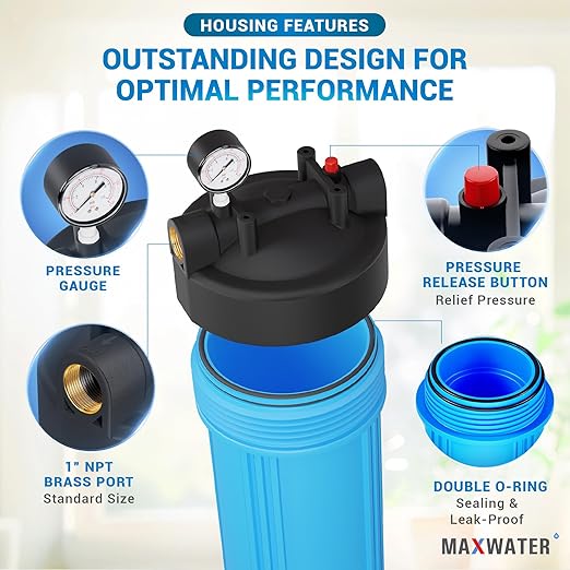 Max Water Whole House Water Filter Housing, 20" x 4.5" Sediment Carbon Cartridge Universal Housing, Pre-Filtration System for Well and City Water with 1" NPT Port and Include 1 Sediment Filter