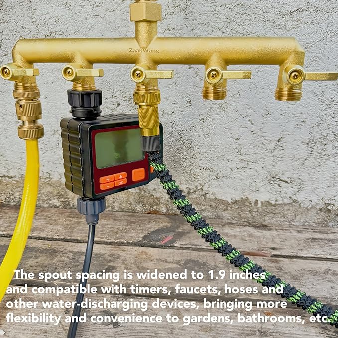 Heavy Duty 5 - Way Garden Hose Splitter, 3/4” Hose Manifold, Outdoor Hose Adapter Connector with 5 Metal Extra Long Handle Metal Faucet Adaptor