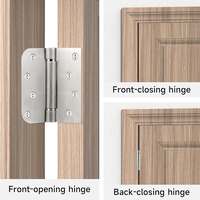2 Pack 4 Inch Self-Closing Door Hinges - 304 Stainless Steel, Spring Loaded, Adjustable Tension for Garage/Front/Back Doors, Left & Right Hand, 5/8" Radius Corners - Durable & Rust-Proof