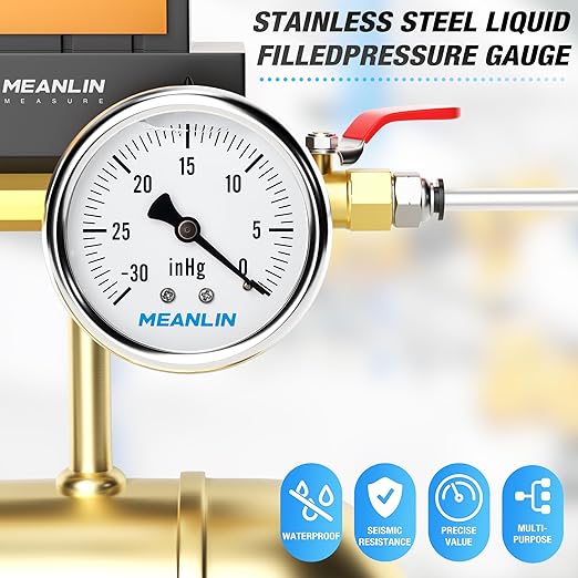 MEANLIN MEASURE -30inHG~0Psi Stainless Steel 1/4" NPT 2.5" FACE DIAL,Vacuum Liquid Filled Pressure Gauge,Single Scale, WOG Water Oil Air, Back Mount, with 1/2" NPT and 3/8" NPT Hex Bushing