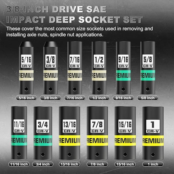 12-Piece 3/8-Inch Drive SAE Impact Deep Socket Set, 5/16 to 1 inch, CR-V, 6 Point, Heavy-Duty Sockets for Impact Wrenches, Automotive and Home