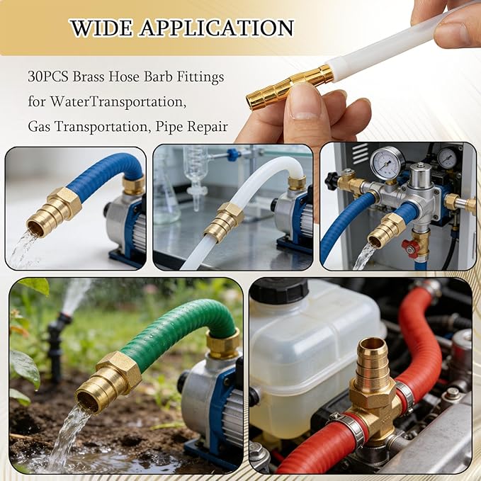 30PCS Brass Hose Barb Fittings, Barb Fitting Metals Splicer Mender, Barbs Splicer Mender Hose Fittings with 60Pcs Stainless Steel Pipe Hose Clamps for Air/Fuel/Water/Oil Hose