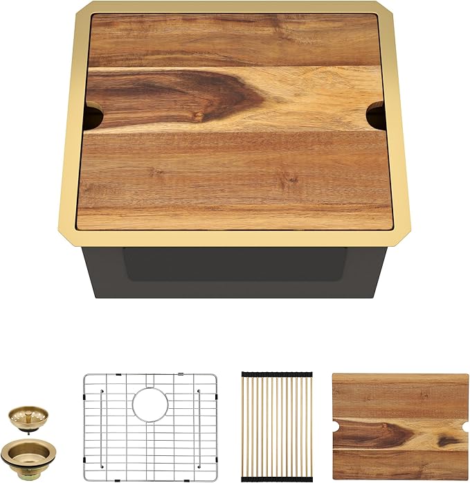 21"x18" Undermount Laundry Utility Sink Workstation – Brushed Gold NANO-PVD, 16 Gauge 304 Stainless Steel, 12 Inch Deep Single Bowl Sink Basin for Laundry Room, RV or Utility Use