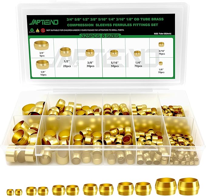 325pcs Brass Compression Sleeves Ferrules Fittings Assortment Kit, 3/4" 5/8" 1/2" 3/8" 5/16" 1/4" 3/16" 1/8" 8 Sizes Air Hose Ferrules Kit of Air Water Fuel Oil Gas Tube Lines