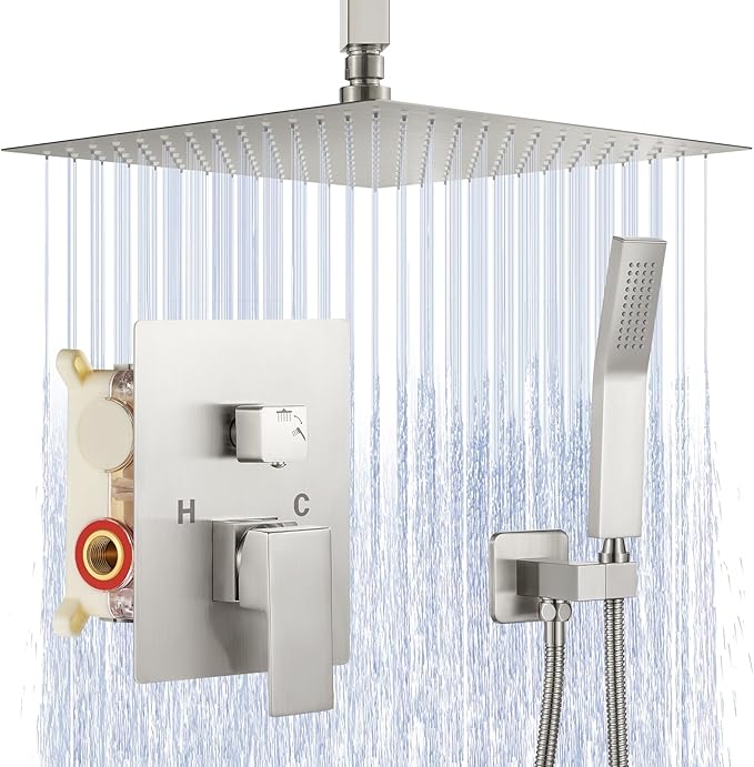 JOMEOO® 12 Inch Brushed Nickel Shower System, Ceiling Mounted High Pressure Rain Shower Head with Handheld Sprayer, Bathroom Luxury Rainfull Shower Head Shower Faucet Set Rough in Valve Body and Trim