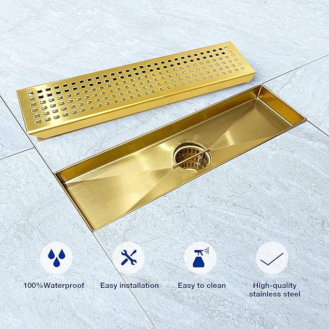 Linear Shower Drain 12", 304 Stainless Steel Floor Drain with Grid Drain Cover & Hair Strainer, Rectangular Shower Drain w/CUPC Certified, Brushed Gold