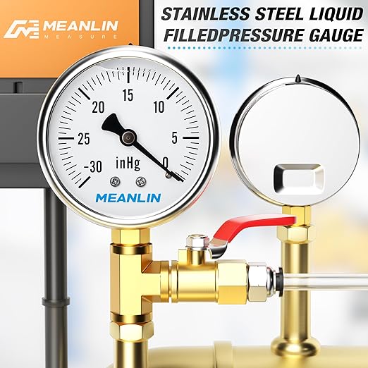 MEANLIN MEASURE -30~0Psi Stainless Steel 1/4" NPT 2.5" FACE DIAL,Vacuum Liquid Filled Pressure Gauge,Single Scale, WOG Water Oil Air Lower Mount, with 1/4" x 1/2" NPT and 1/4" x 3/8" NPT Hex Bushing