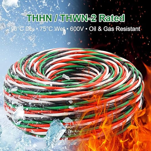 XRDS -RF 12 AWG THHN Wire 25FT, 4 Color (Black White Red Green) Pre-Twisted Stranded Copper Building Wire, 600V Nylon Jacket, for Branch Circuits, Panels & Control Wiring
