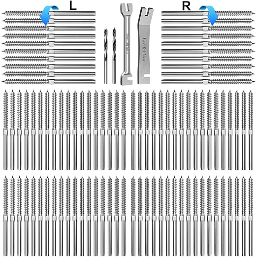 Steel DN Mate 100 Pack T316 Stainless Steel Right&Left Handed Thread Swage Lag Screws for Wood Post of 1/8" Steel Cable Railing Kit, Cable Railing Hardware, DIY Deck Railings, Wrench Include-DM50