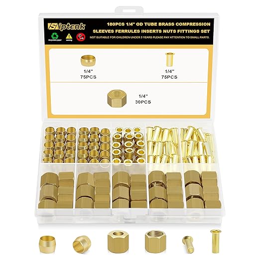 Siptenk 180PCS 1/4" Brass Compression Fittings Sleeves Ferrules Inserts Nuts Assortment Kit, Brass Ferrule Tubing Insert for Air Hose Lines