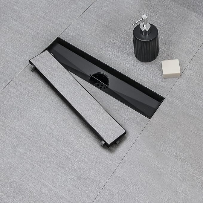 SaniteModar Linear Shower Drain, Black Shower Drain 12 inch with Flat & Tile Insert 2 in 1 Panel, Black Shower Floor Drain with Hair Strainer and Leveling feet