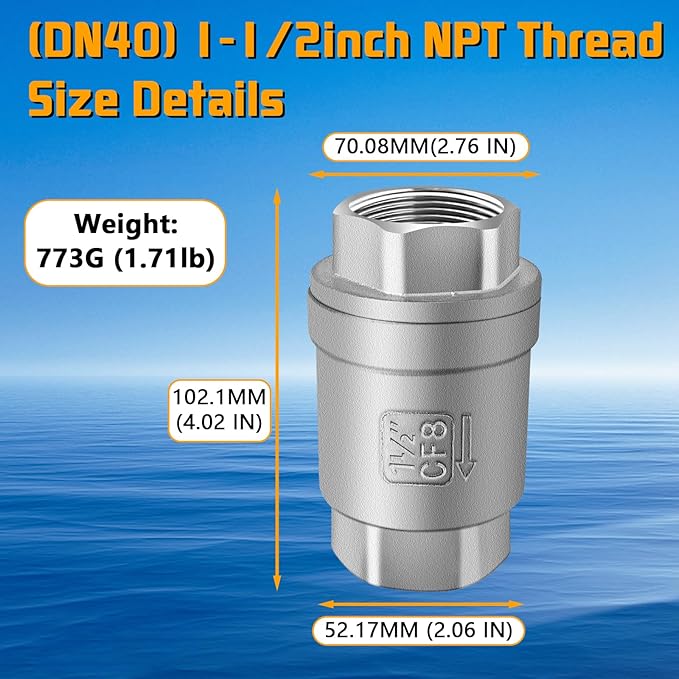 Boltigen 1-1/2 inch Spring Check Valve, 304 Stainless Steel CF8 Non Return One Way Horizontal Check Valve, Vertical Inline Water Check Valve for Well, Pump, Tank, Backflow Prevention, WOG 1000