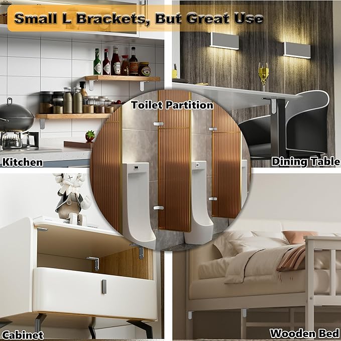 Alise 4Pcs Stainless Steel L Brackets for Shelves White, Small Floating Shelf Brackets, 90 Degree Right Angle Bracket, Heavy Duty Metal L Bracket Corner Brackets for Wood Furniture (3.35X3.35 in)