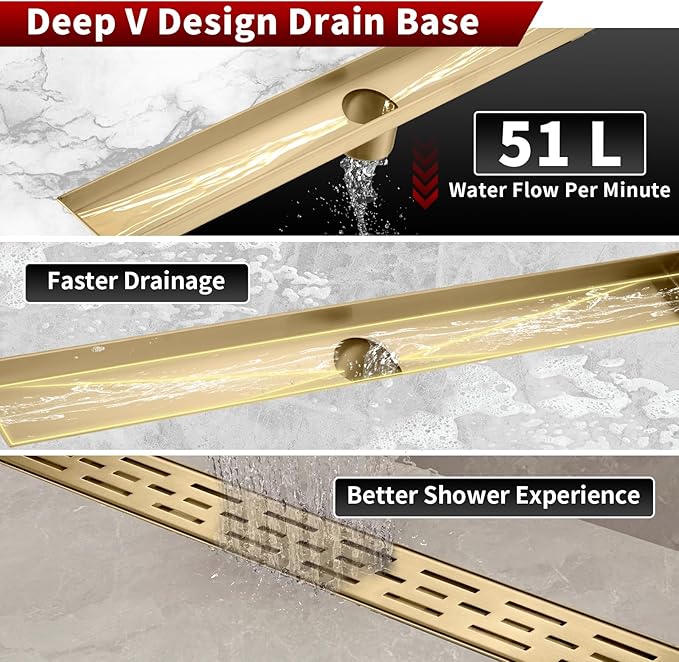 Sharp-tec Linear Shower Drain, 28inch Shower Drain with Removable Pattern Cover, Brushed Gold 304 Stainless Steel Rectangle Floor Drain, Adjustable Feet and Hair Strainer Included (Model 101)