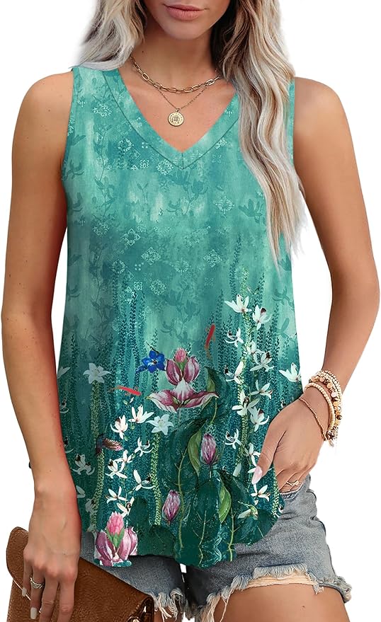 OFEEFAN Womens Tank Tops V Neck Sleeveless Flowy Loose Fit Basic Casual Summer Tops