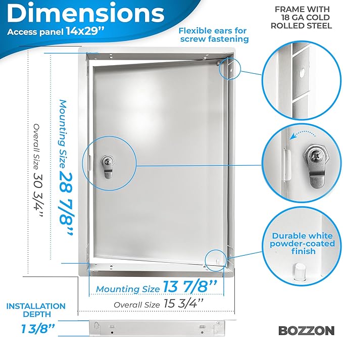 BOZZON Access Panel for Drywall 14 x 29 inch – Metal Door with Key Lock, 18 GA Steel Frame, Wall Hole Cover, Plumbing Access Door, White