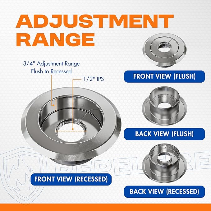 Retrofit Recessed Fire Sprinkler Escutcheon 1/2 in. IPS - Split 3 Piece in Chrome Plated - Depth Adjustment Range up to 3/4 in. for Fire Sprinkler Trim