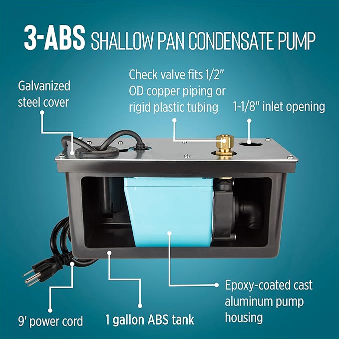 Little Giant 3-ABS 1/12 HP, 115 Volt, 310 GPH Automatic Shallow Pan Condensate Removal Pump with Condensate Collection Tank, Black/Blue, 551320