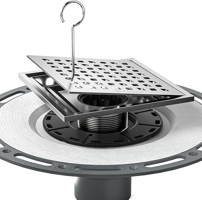 Square Shower Drain, 6" Brushed with PVC Bonding Flange Base 304 Stainless Steel Drain Grate Removable with Stainless Drain Key for Low Profile Shower Tiles, CUPC Certified