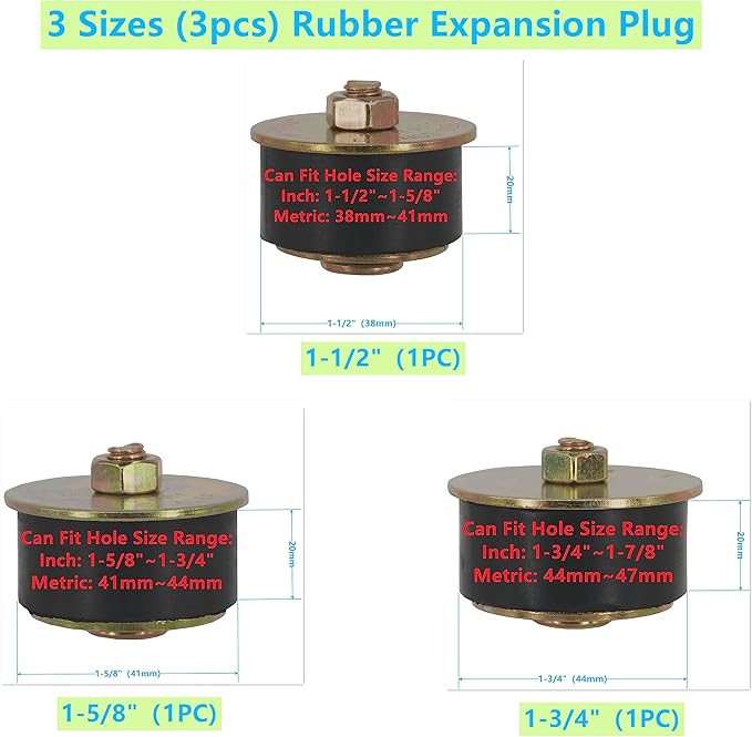 3 Sizes (3pcs) Rubber Expansion Plug, Fit Hole Size: 1-1/2"~1-7/8" (38mm~47mm) Automotive Rubber Freeze Plug
