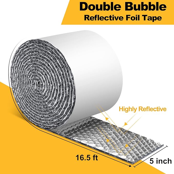 Double Bubble Reflective Foil Insulation Tape, Self-Adhesive Ac Pipe Insulation Wrap for AC Hose, HVAC Duct, Exhaust Hose, Bubble Wrap Insulation for Weatherproof Attics, Windows, Garages -5 inch
