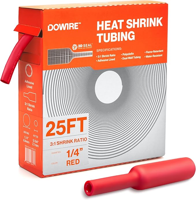 Heat Shrink Tubing 1/4" - Adhesive Lined - 3:1 Ratio - Waterproof Marine Grade Shrink Tube - Wire Shrink Wrap Tubing - Red - 25 Feet