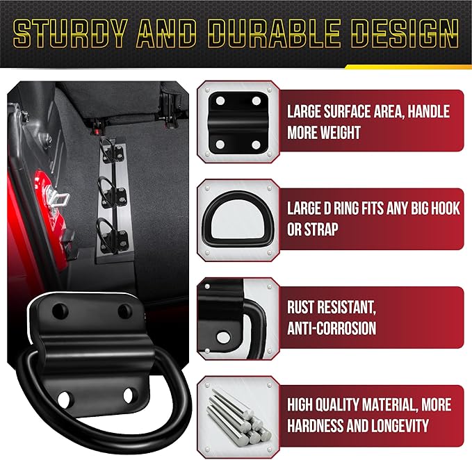 4PCS Heavy Duty Steel D Rings Tie Down Anchors, Ultra Durable 3500 Pound Breaking Strength Surface Mount Hooks Securing Cargo for Trailer, Truck Bed, with Screws & Bolts