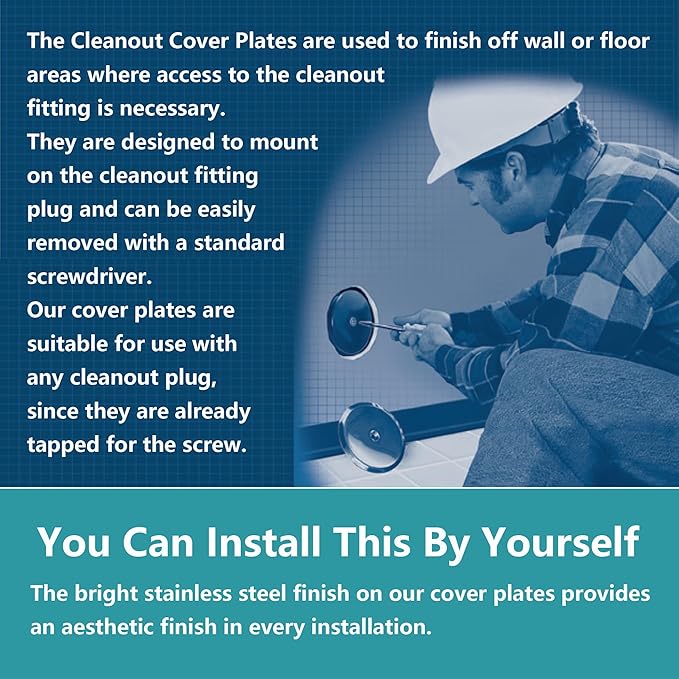 7" Black Decorative Cleanout Access Covers Plate, Flat Design Cover and Seals CO2530-SS7 For Back Deck Drains and Plug Hole with Large Center Securing Screw, Stainless Steel, Round