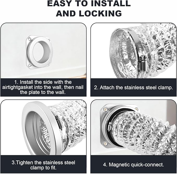 Magnetic Dryer Vent Coupling DV180 Airtight Seal Dryer Vent Connector Kit Easy to Clean Dryer Vent Hose Quick Connect Magnetic Dryer Vent Coupler Include 4"x3.3ft Aluminum Foil Duct & 2 Clamps