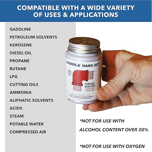 Gasoila Hard-Setting Permanent Thread Sealant, Fast-Drying Red Varnish Sealant for PVC, Metal, Rubber, Wood & More – -100°F to 600°F Temp Range, Brush in Cap Applicator, BT08, 1/2 Pint Can