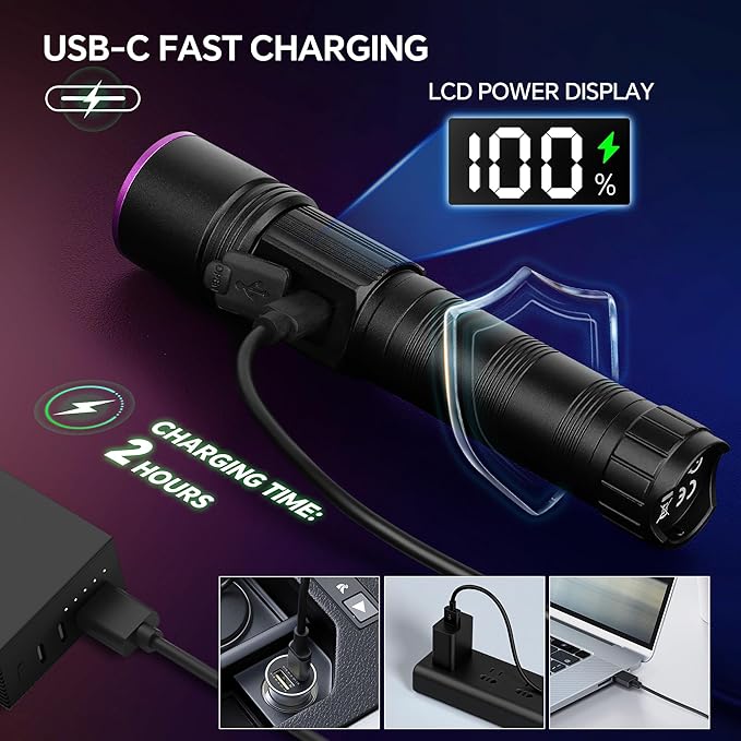 365nm Black Light Flashlight, UV Flashlight Rechargeable with LCD Display, Powerful Ultraviolet Lights for Pet Urine Detection, Resin Curing, Blood Tracking, Scorpion, Uranium Glass, A/CLeak