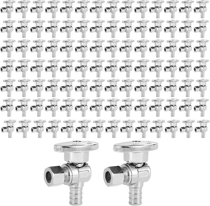 100-Pack EFIELD Shut off Valve 1/4 Turn Angle Stop Valve 3/8" OD Compression X 1/2" Pex, Chrome Plated Brass,(VALVE079-100PCS)