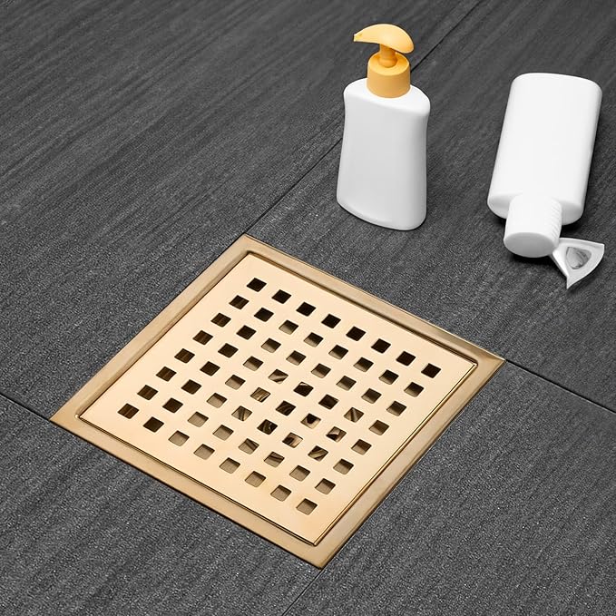 Square Shower Drain, Gold Shower Drain 6 inch with Flange and Removeable Grate Cover, AISI 304 Stainless Steel Gold Shower Floor Drain with Hair Catcher and Flange