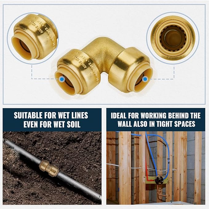 SUNGATOR Push Fittings 1/2 inch, 90 Degree Elbow (5 PCS), Tee (3 PCS), No Lead Brass Push-to-Connect Plumbing Fittings for Pex Pipe, Copper, CPVC, with 1 Disconnect Clip, Pack of 8