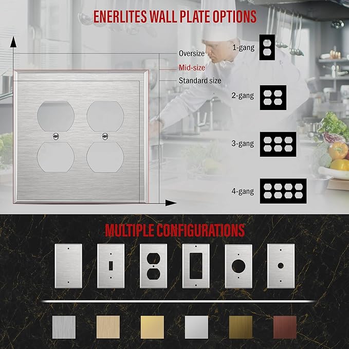 ENERLITES Double Duplex Receptacle Metal Wall Plate, Stainless Steel Outlet Cover, Corrosion Resistant, 430 Stainless Steel, Mid-Size 2-Gang 4.88" x 4.92", UL Listed, 7722M, Silver
